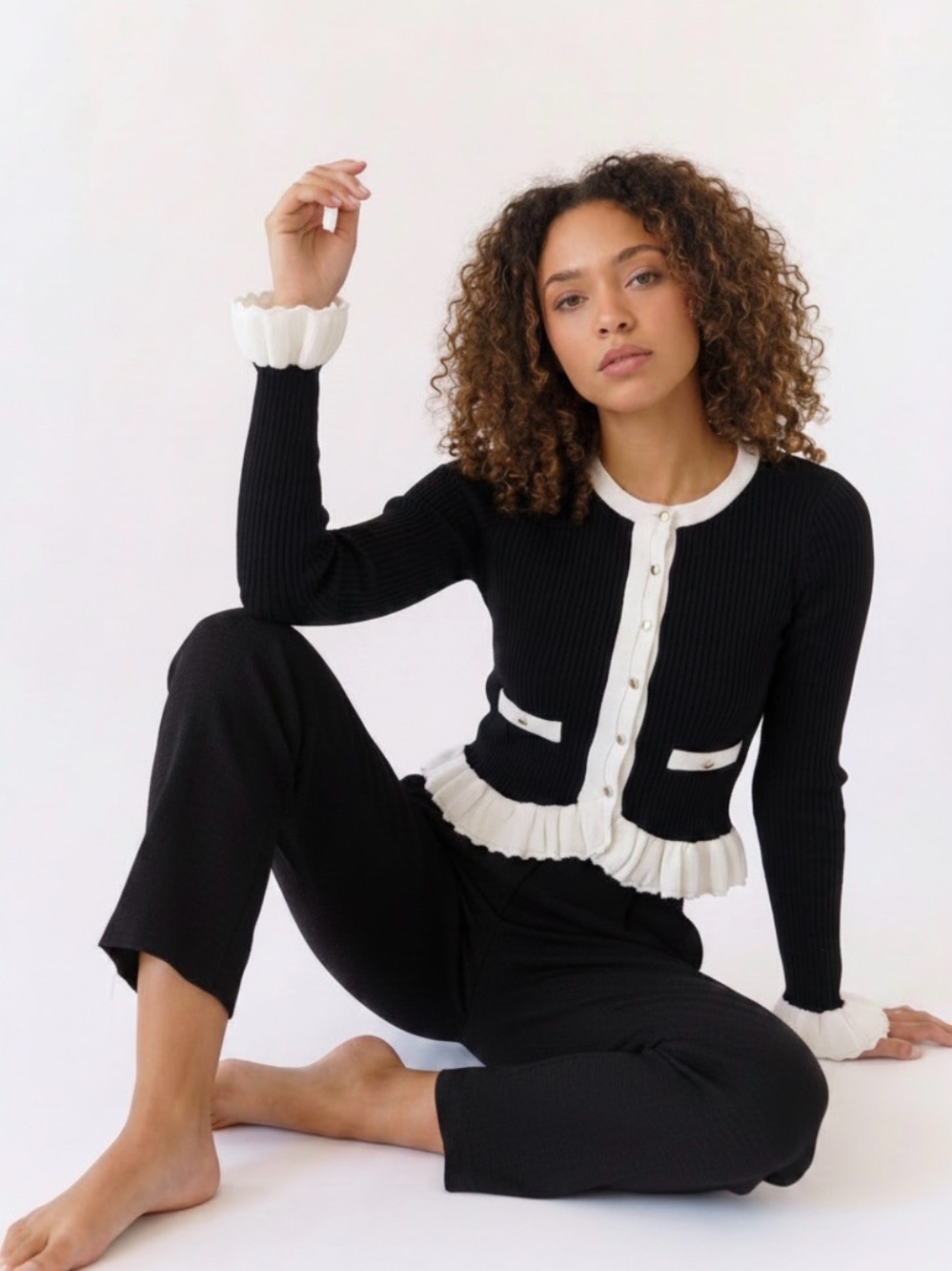Zara Black and White Ruffled Cardigan